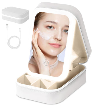 White Leather Jewelry and Makeup Organizer Box with LED Mirror