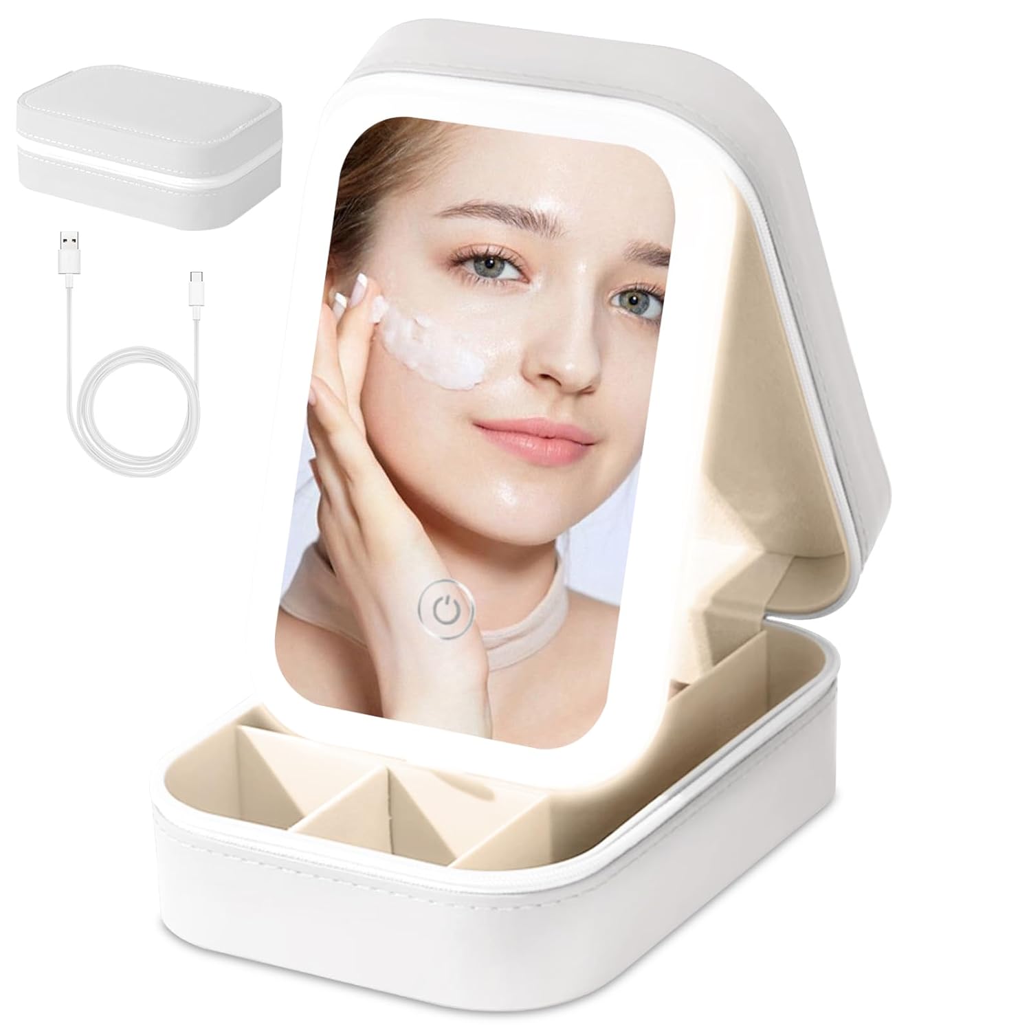 White Leather Jewelry and Makeup Organizer Box with LED Mirror