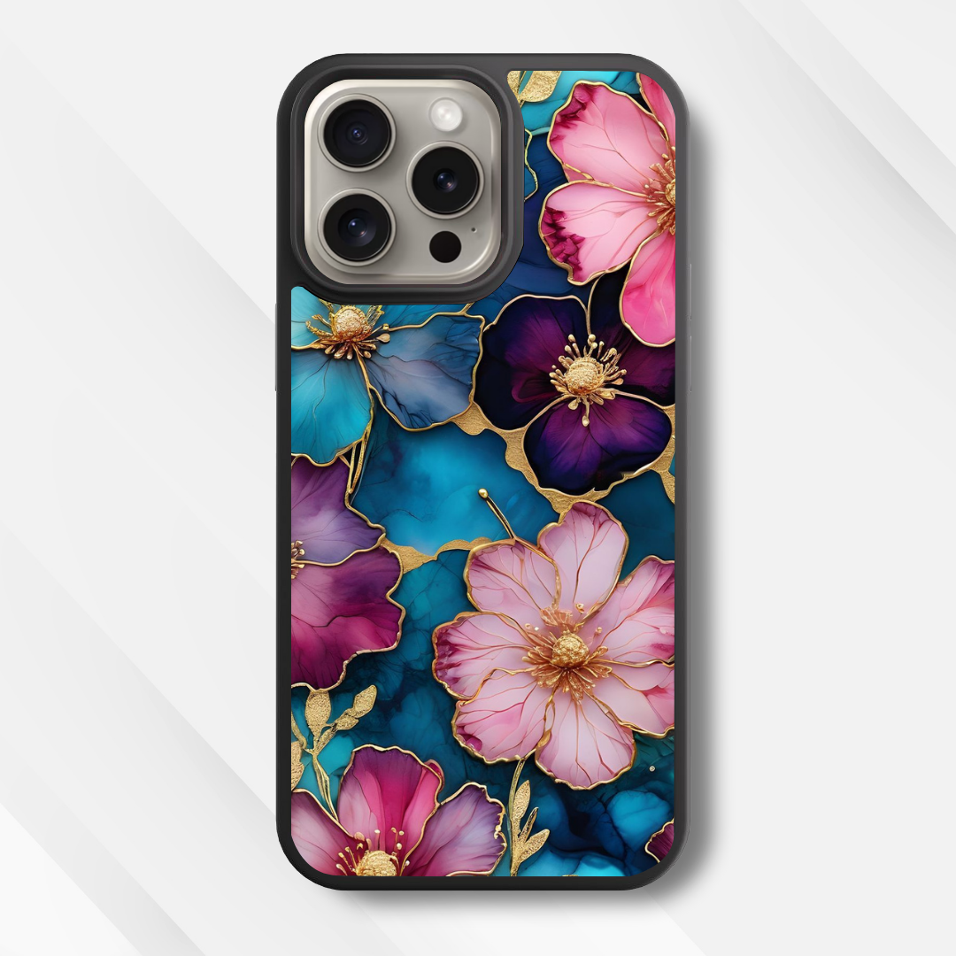Teal & Pink Flower Glass Case