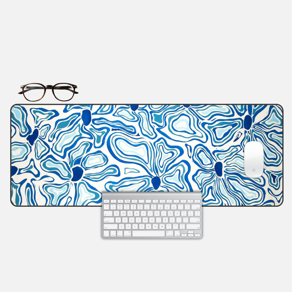 Blue Floral Abstract Desk Mat and Gaming Mouse Pad